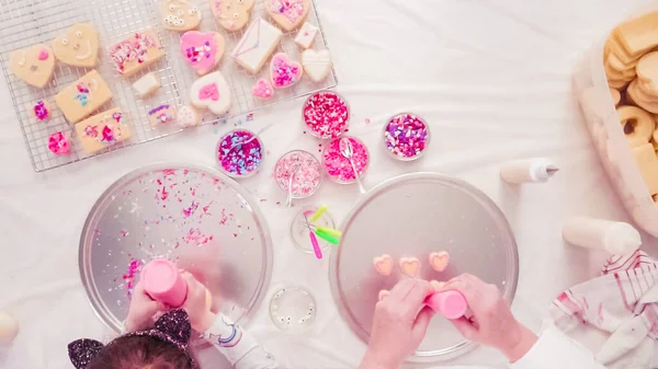 Flach Lag Schritt Für Schritt Zuckerkekse Mit Königlichem Zuckerguss Und — Stockfoto