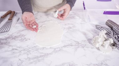 Adım adım. Mermer tezgahın üzerindeki beyaz fondanla kar tanelerini keserek..