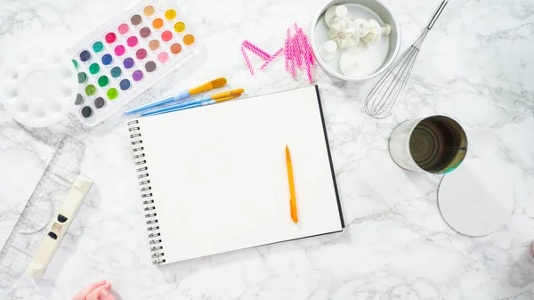 Flat Lay Baker Sketching Design Birthday Cake — Stock Photo, Image