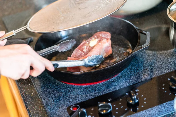 Frying New York Strip Steak Cast Iron Frying Pan Electric — Stock Photo, Image