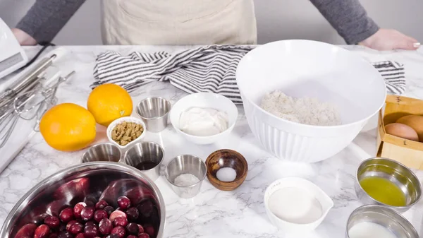 Step Step Mixing Ingredients Mixing Bowl Bake Cranberry Muffins — Stock Photo, Image