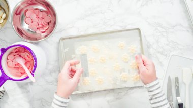 Düz yatıyordu. Adım adım. Çikolatalı kar tanelerini plastik çikolata kalıbından kurabiye tepsisine atmak..