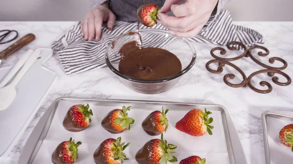 一步一步 将有机草莓浸入装有融化巧克力的碗中 准备涂有巧克力的草莓 — 图库照片