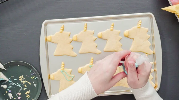 Flat Lay Decorating Unicorn Sugar Cookies Multi Color Royal Icing — Stock Photo, Image