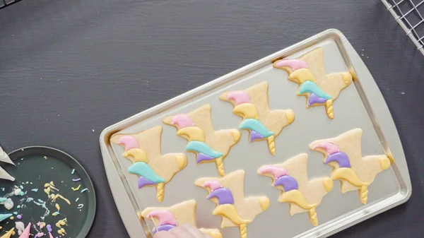 Flat Lay Decorating Unicorn Sugar Cookies Multi Color Royal Icing — Stock Photo, Image