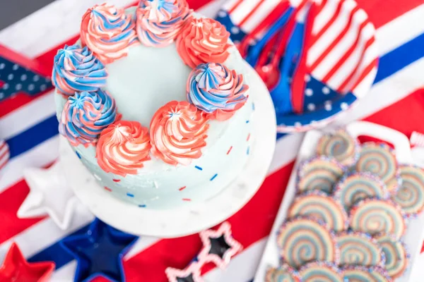 Cake Cookies Fruit Vegetable Snack Tray July 4Th Celebration Party — Stock Photo, Image