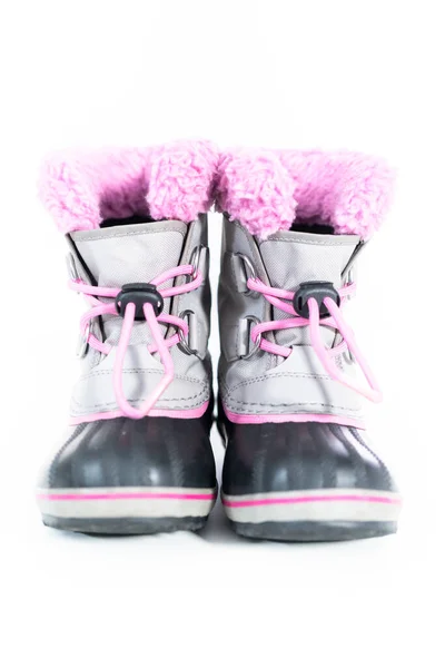 Malá Dívka Růžové Šedé Teplé Vodotěsné Zimní Boty Bílém Pozadí — Stock fotografie