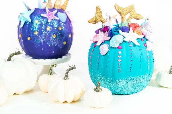 Citrouilles Artisanales Halloween Décorées Queues Sirène Paillettes Strass Scintillants Sur — Photo