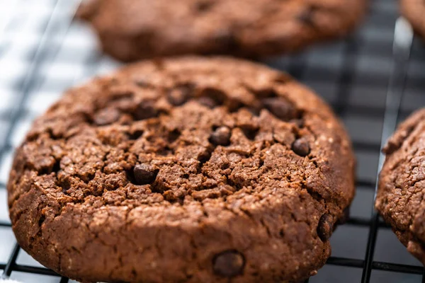 Vers Gebakken Koekjes Met Dubbele Chocoladechip Een Koelrek — Stockfoto