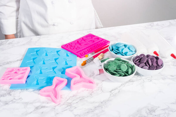 Ingredients to make chocolate mermaid molds from the chocolate chips.