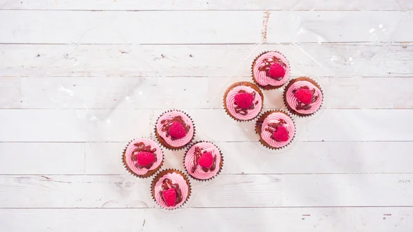 Plat Gelegd Verpakking Gastronomische Chocolade Frambozen Cupcakes Heldere Plastic Dozen — Stockfoto