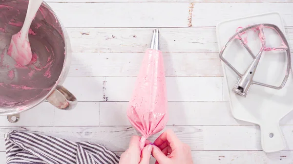 Flat Lay Preparing Raspberry Cream Cheese Buttercream Kitchen Mixer Bake — Stock Photo, Image