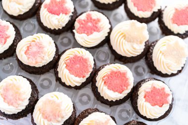 İtalyan tereyağı kremalı çikolatalı mini kekler. Parlak çikolatalı kar taneleriyle süslenmiş..