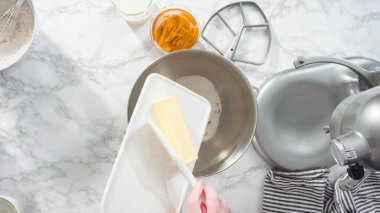 Düz yatıyordu. Kabak aromalı kek pişirmek için elektrikli mutfak mikserinin malzemelerini karıştırıyorum..