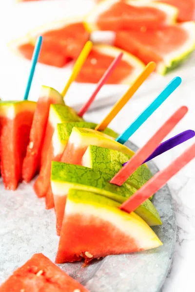 Red Seedless Watermelon Slice Popsicles Kids — Stock Photo, Image