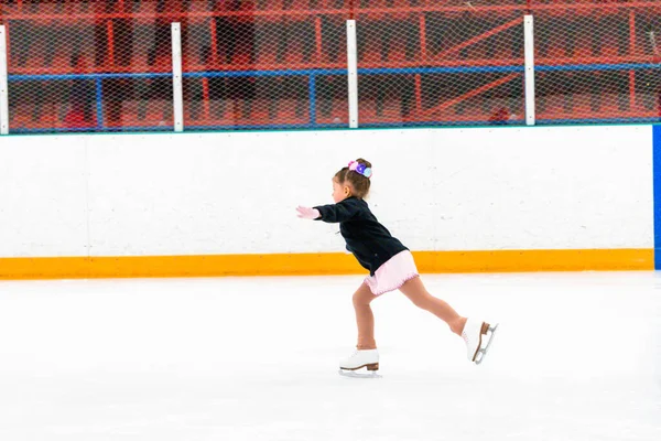 Little Girl Practicing Figure Skating Elements Pink Dress Rhinestones — Stock Photo, Image