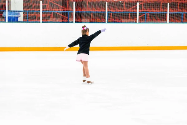 Little Girl Practicing Figure Skating Elements Pink Dress Rhinestones — Stock Photo, Image