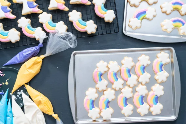 Deitado Decorar Biscoitos Açúcar Com Tema Unicórnio Com Gelo Real — Fotografia de Stock