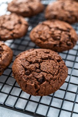 Soğutma dolabında taze pişmiş çift çikolatalı kurabiye..