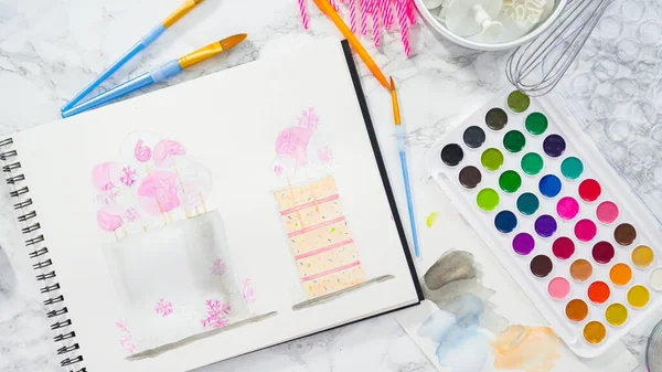 Flat Lay Baker Drawing Design Birthday Cake Watercolors — Stock Photo, Image