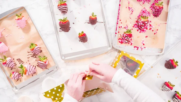 Flach Lag Schritt Für Schritt Verpackung Von Gourmet Schokolade Eingetauchte — Stockfoto
