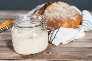 Ekşi mayalı ekmek pişirmek için cam bir mason kavanozunda başlangıç yapıyorum..