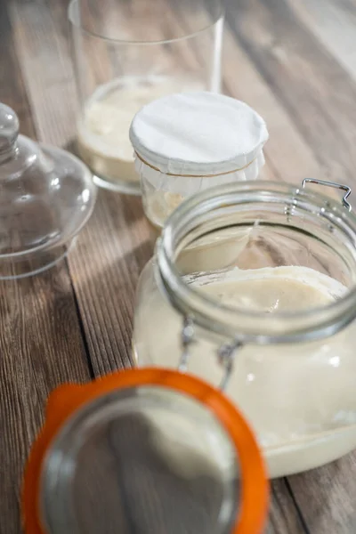 Feeding Sourdough Starter Glass Mason Jar Baking Artisan Bread — Stock Photo, Image