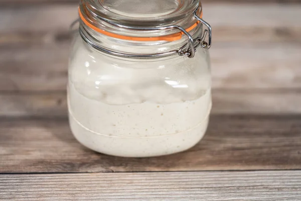 Feeding Sourdough Starter Glass Mason Jar Baking Artisan Bread — Stock Photo, Image