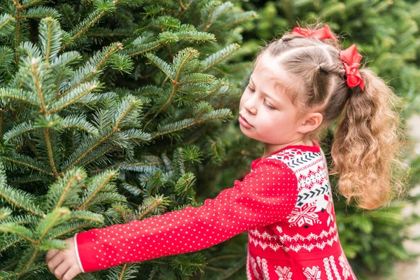 Klein Meisje Rode Jurk Kerstboom Boerderij — Stockfoto