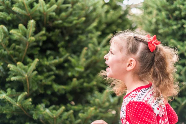 Menina Vestido Vermelho Fazenda Árvore Natal — Fotografia de Stock