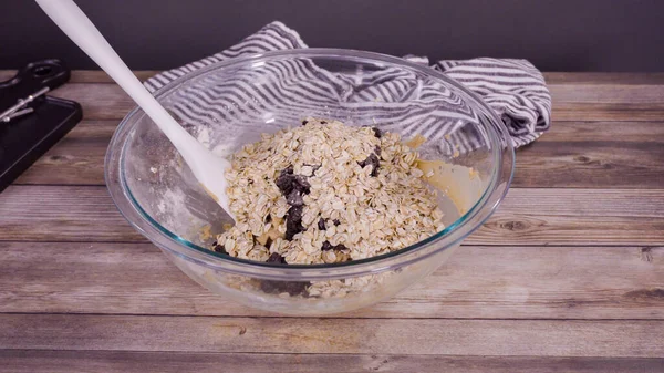 Step Step Mixing Ingredients Bake Oatmeal Raising Cookies Glass Mixing — Stock Photo, Image