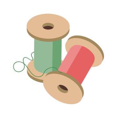 İzometrik. Kırmızı ve beyaz zemin üzerine yeşil konuları ile bobinler