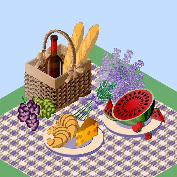 Piknik, élelmiszer és ital — Stock Vector