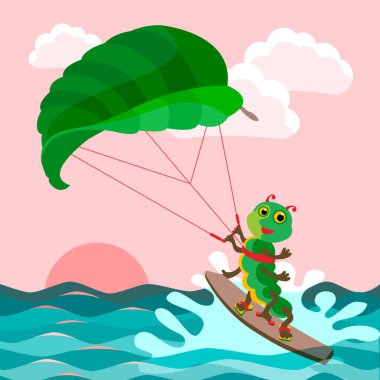 Cartoon caterpillar kitesurfer surfen over sea