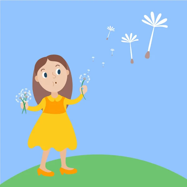 girl in a yellow dress with dandelions
