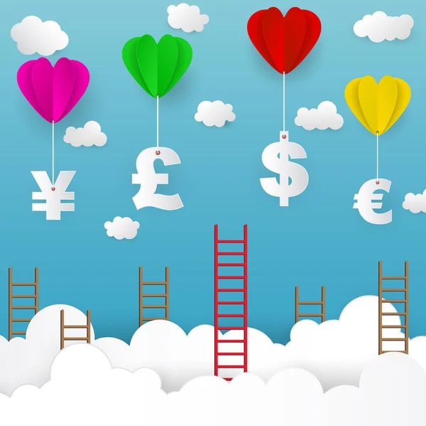 Kalp balon ve merdiven ile bize Doları, Euro, İngiltere Poun