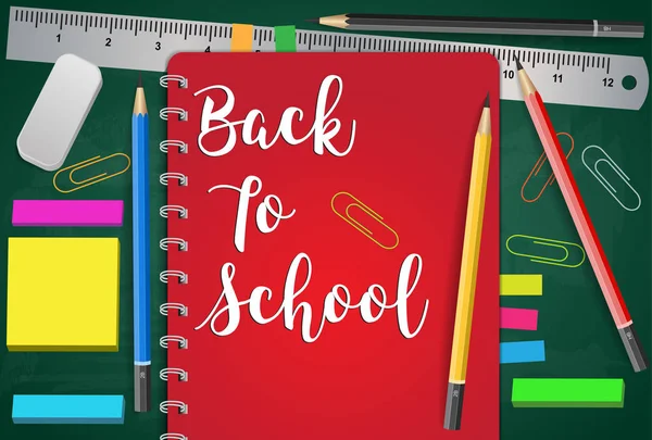 Geri okul başlık için gerçekçi okul öğeleri ile kalem kelime.,