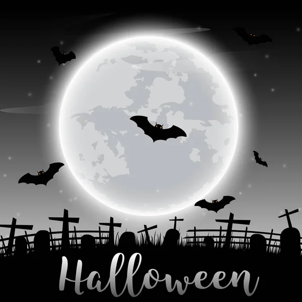 Texto de Halloween y castillo oscuro y murciélagos en el fondo de la luna . — Vector de stock