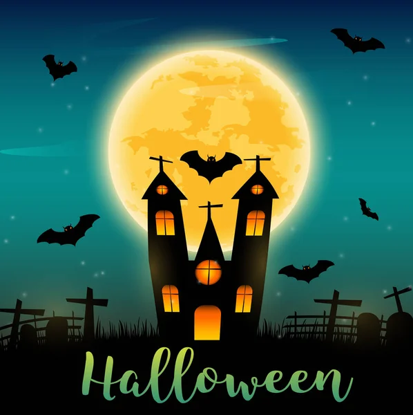 Halloween text and dark castle and bats on Moon background. — Stock Vector