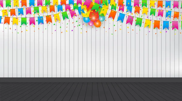 Renkli konfeti, parti bayrakları ve parlak bal ile iç odası