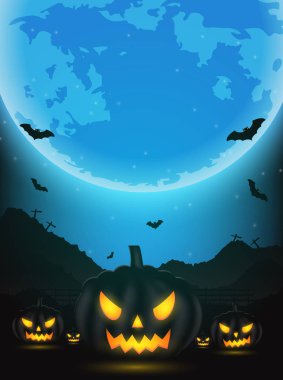 Kabak, çıplak ağaçlar, yarasa ve fu Halloween gece arka plan