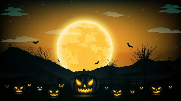Хэллоуин ночь фон с тыквой, голые деревья, летучая мышь и фу — стоковый вектор