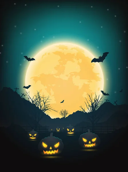 Halloween sfondo notte con zucca, alberi nudi, pipistrello e fu — Vettoriale Stock