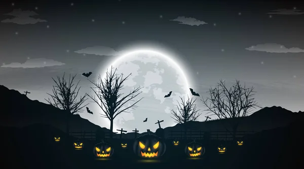 Halloween-Nacht Hintergrund mit Kürbis, nackten Bäumen, Fledermaus und Fu — Stockvektor