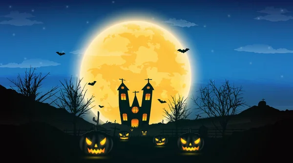 Halloween sfondo notte con zucca, alberi nudi, bat haunte — Vettoriale Stock