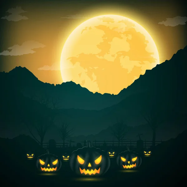 Хеллоуїн нічний фон з гарбузом, голими деревами, кажаном і фу — стоковий вектор