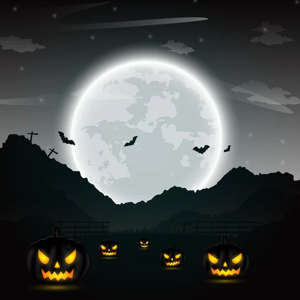 Halloween noite fundo com abóbora, árvores nuas, morcego e fu —  Vetores de Stock