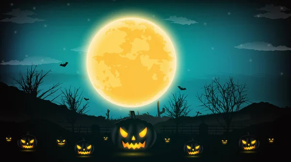 Хэллоуин ночь фон с тыквой, голые деревья, летучая мышь и фу — стоковый вектор