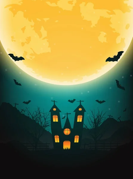 Noche de Halloween fondo con árboles desnudos, murciélago embrujada casa a — Archivo Imágenes Vectoriales