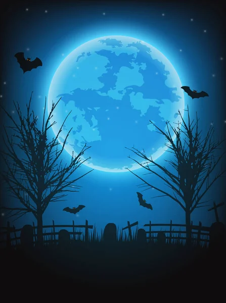 Halloween night background with naked trees, bat and full moon o — Stock Vector